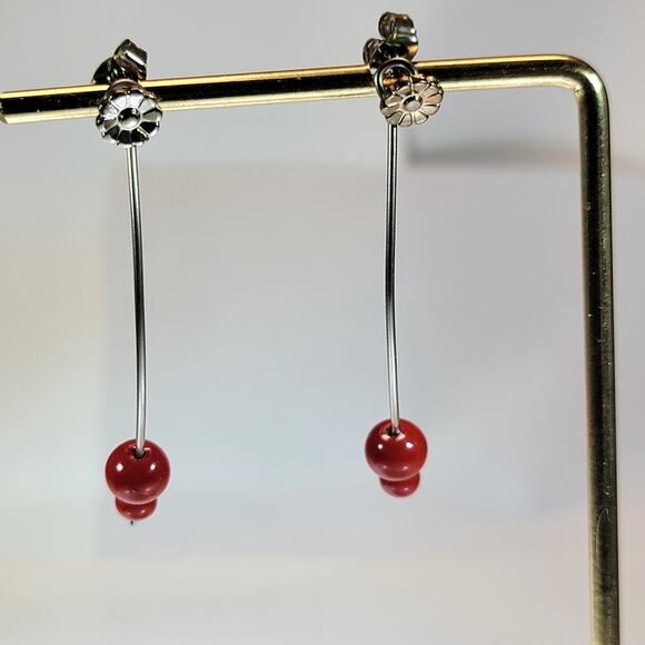 Vintage Red Bead Dangle Earrings – Floral Metal Back with Long Hook Design - Picture 2 of 10
